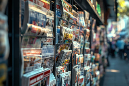 A row of newspapers are displayed on a rack. The newspapers are of various sizes and colors. The scene is set in a busy city street with people walking byの素材