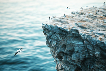 A flock of seagulls flying over a rocky cliff. Concept of freedom and adventure, as the birds soar above the water and the rocky terrain. The scene is both beautiful and powerfulの素材