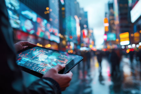 A person is holding a tablet in a busy city street. The tablet is displaying a complex image that seems to be related to finance or technology. The scene is bustling with people walking aroundの素材