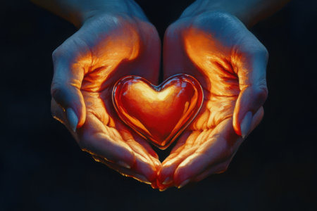 A hand holding a heart with a light shining on it. The heart is red and the light is orange. Concept of warmth and loveの素材