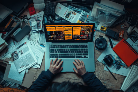 A person is typing on a laptop in a messy room with papers and other items scattered around. The laptop screen shows a webpage with a yellow background and a black fontの素材