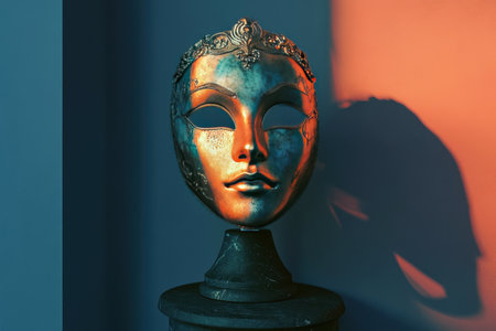 A mask with a gold frame sits on a pedestal. The mask is a woman's face with a gold frame. The image has a mysterious and elegant moodの素材