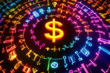 A colorful, neon-lit circle with a dollar sign in the center. The dollar sign is yellow and surrounded by a variety of other symbols and numbers. Concept of abundance and wealthの素材