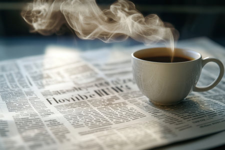 A cup of coffee is sitting on top of a newspaper. The steam from the coffee is rising up and filling the space between the paper and the cup. Concept of warmth and comfortの素材