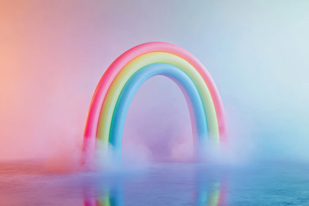 A rainbow is floating in the air with a misty background. The rainbow is made of plastic and is very colorfulの素材