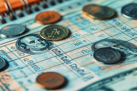 A collection of coins and paper money on a table. The coins are of various sizes and colors, and the paper money is a mix of different denominations. Concept of wealth and abundanceの素材