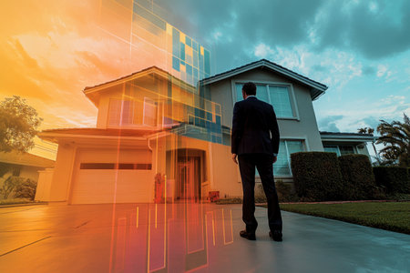 A man in a suit stands in front of a house with a cloudy sky in the background. Concept of anticipation or curiosity, as the man is waiting for something or someone. The house itself is a largeの素材