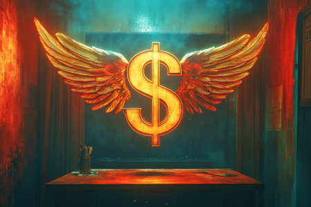 A dollar sign with wings is displayed on a desk. The image has a dark and ominous mood, with the dollar sign and wings appearing to be a symbol of wealth and powerの素材