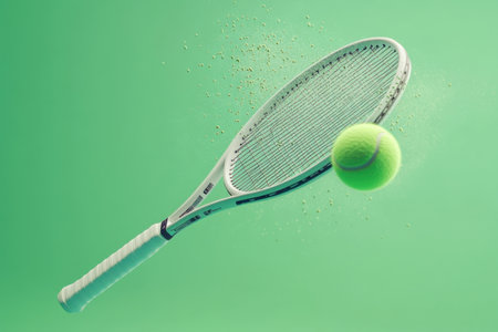 A tennis racket and ball are suspended in midair. The racket is white and the ball is green. Concept of motion and action, as if the tennis player is in the middle of a gameの素材