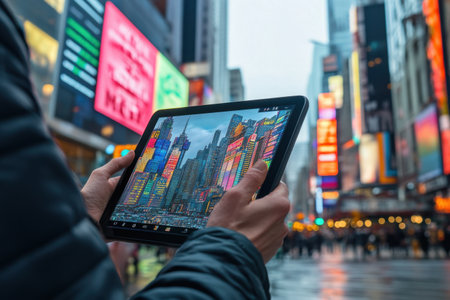 A person is holding a tablet in front of a city skyline. The tablet is displaying a colorful cityscape with many buildingsの素材