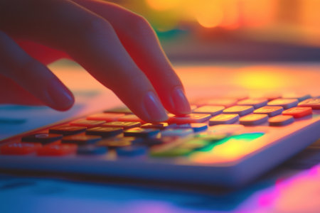 A hand is pressing a calculator button. The calculator is white and has a red button. Concept of focus and concentration as the person is using the calculator to solve a problemの素材
