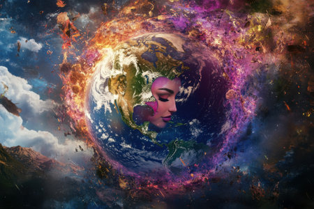 A woman's face is surrounded by a swirling mass of fire and debris, representing the destruction of the Earthの素材