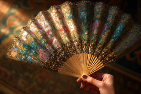 A hand holding a fan with a floral design. The fan is made of gold and has a green and blue patternの素材