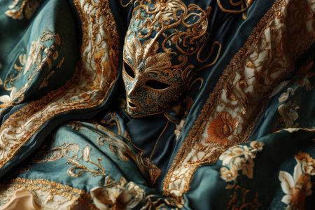 A mask is on top of a green and gold fabric. The mask is gold and blue and has a gold noseの素材