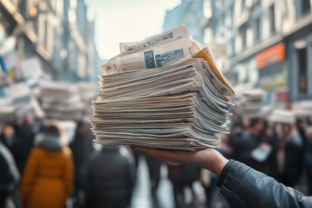 A person is holding a stack of newspapers in their hand. The scene appears to be crowded with people, and the person holding the newspapers seems to be trying to get their attentionの素材