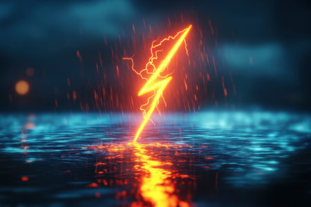 A bright yellow lightning bolt is lit up in the dark water. The image has a moody and ominous feel to it, as if it is a warning of an impending stormの素材