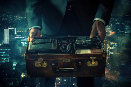 A man is holding a suitcase with a camera inside. The suitcase is brown and the man is wearing a suit. The image has a mood of mystery and intrigueの素材