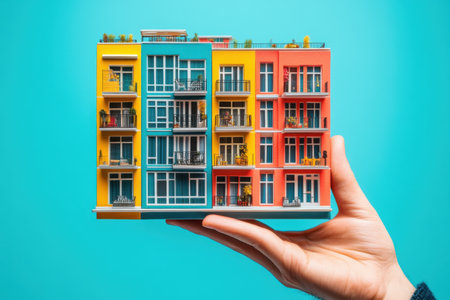 A hand is holding a model of a colorful apartment building. The building is made of plastic and has a blue backgroundの素材