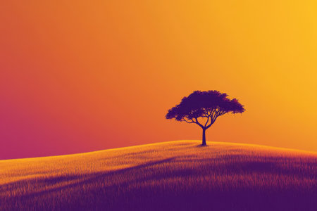 A tree stands alone in a field of tall grass. The sky is orange and purple, creating a serene and peaceful atmosphereの素材