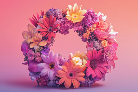 A flower arrangement in the shape of a heart. The flowers are in various colors and sizes, and they are arranged in a circular pattern. The arrangement is vibrant and full of lifeの素材
