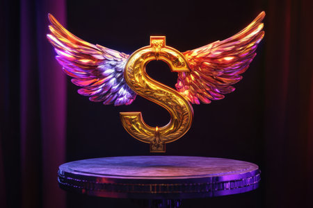 A gold dollar sign with wings is suspended in the air. Concept of wealth and prosperityの素材