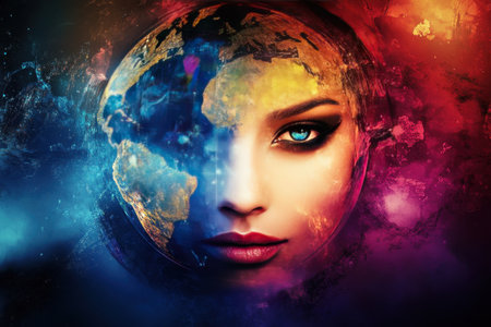 A woman's face is shown in a colorful, abstract background. The woman's face is surrounded by a globe, which is also colorful and abstract. Scene is one of creativity and imaginationの素材
