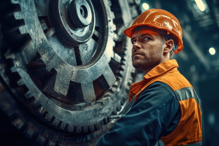 A man in a hard hat is working on a large gear. Concept of hard work and dedication, as the man is focused on his task. The gear itself is large and complexの素材
