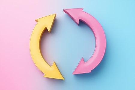 Two arrows are pointing in opposite directions, one yellow and one pink. The pink arrow is slightly larger than the yellow one. Concept of movement and changeの素材