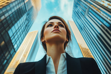 A woman in a business suit stands in front of a tall building, looking up at the skyの素材