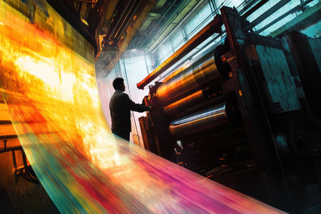 A man is working on a machine that is producing colorful fabric. The image has a vibrant and energetic feel, with the bright colors of the fabric and the man's focused expressionの素材
