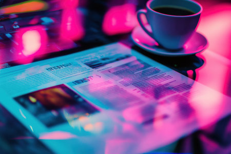 A cup of coffee sits on a table next to a newspaper. The coffee is in a white cup and the newspaper is open to a page with the headline "Hedvig". The image has a moody, somewhat mysterious feel to itの素材