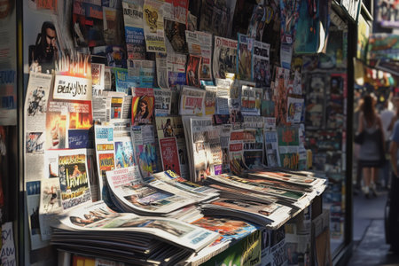 A rack of magazines with a variety of titles and covers. The rack is on a street corner and there are people walking byの素材