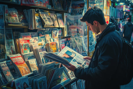 A man is reading a newspaper in a store. The store is filled with magazines and newspapers. The man is looking at a magazine with a picture of a man on itの素材