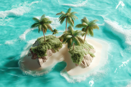 A small island with palm trees and a body of water. The island is surrounded by rocks and the water is calmの素材