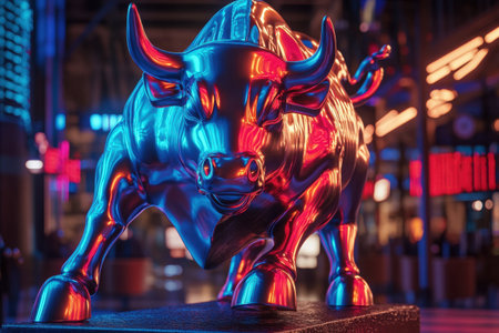 A bull statue is lit up in neon colors. The bull is facing the camera and he is angry. The statue is located in a city setting, surrounded by buildings and other structuresの素材