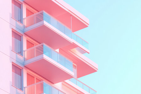 A tall building with pink windows and a pink balcony. The building is very tall and has a pink colorの素材