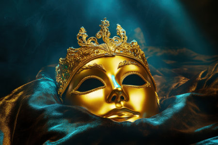 A golden mask is on a blue cloth. The mask is gold and has a crown on topの素材