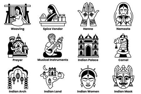 Set of illustrations in the concept of Indian culture in a line styleのイラスト素材