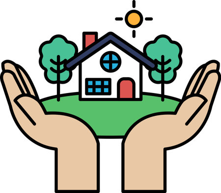 A house is being held in the hands of two people, surrounded by trees and a sunny sky. Concept of warmth, protection, and security, as if the house is being held and cared for by the peopleのイラスト素材