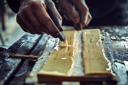 A man is cutting a piece of wood with a knife. The knife is wet and the wood is covered in waterの素材