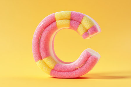 A large, colorful C made out of plastic. The C is made up of different colored pieces, including pink, yellow, and orange. Scene is playful and whimsicalの素材