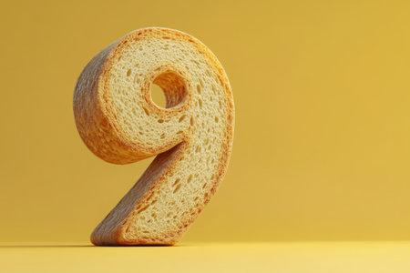 A close up of a 9 made out of bread. The bread is brown and has a hole in the middleの素材
