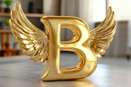 A golden letter B with wings on either side. The wings are gold and the letter is also gold. The image has a luxurious and elegant feel to it, as if it were a piece of jewelry or a decorative itemの素材