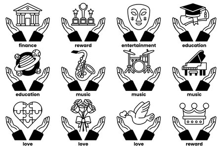 A set of hands holding up a variety of symbols, including a heart, a rose, a book, a guitar, a piano, a drum, a microphone, a trophy, a graduation cap, a building, and a personのイラスト素材