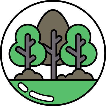 A graphic of three trees with a rock in the middle. The trees are green and the rock is brown. The graphic is circular and has a glass-like appearanceのイラスト素材