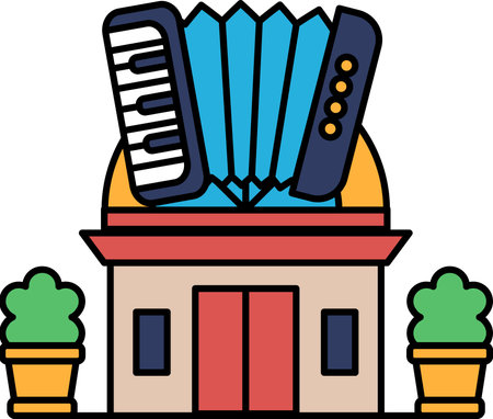 A building with a piano and a tambourine on the roof. The building is a music storeのイラスト素材