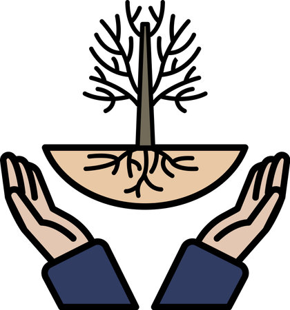 A tree is surrounded by two hands, symbolizing protection and care. Concept of nurturing and growth, as the tree represents life and the hands represent the care and support needed for it to thriveのイラスト素材