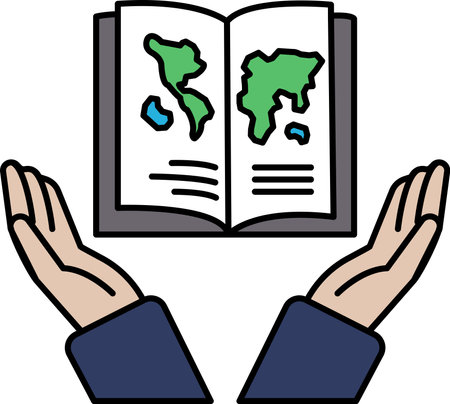 A book is being held open by two hands, with the pages showing a map of the world. Concept of curiosity and exploration, as if the book is a gateway to discovering new places and culturesのイラスト素材