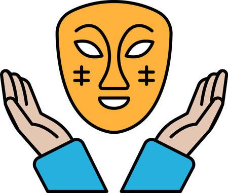 A cartoon of a face with a mask on it and two hands holding it. Scene is one of protection and careのイラスト素材