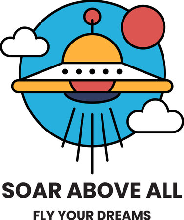 A cartoon of a spaceship flying through the sky with the words Sail Above Allのイラスト素材